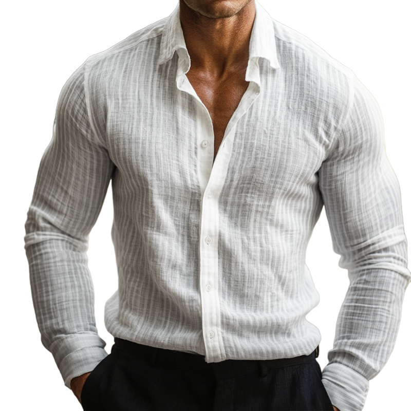 Men's Solid Cotton And Linen Vertical Stripe Lapel Long Sleeve Shirt MTA1290H4Z