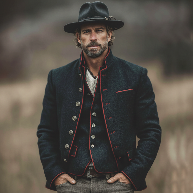 Men's Retro Business Stand Collar Multi-Button Color-Blocked Trim Faux Wool Jacket MTA1803L2U