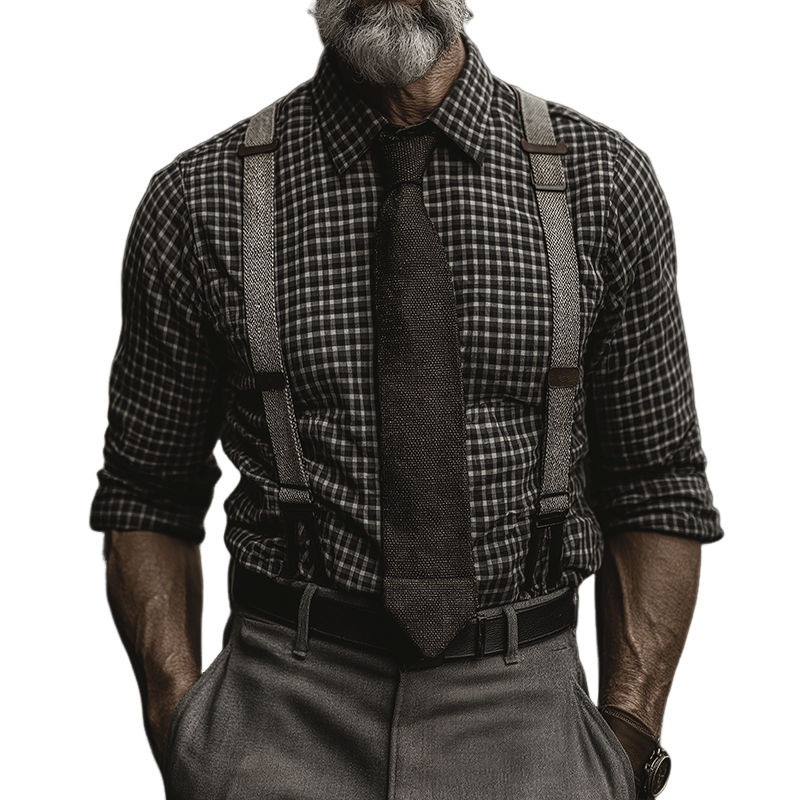 Men's Retro Casual Plaid Print Lapel Long Sleeve Shirt MTA3176G0TO