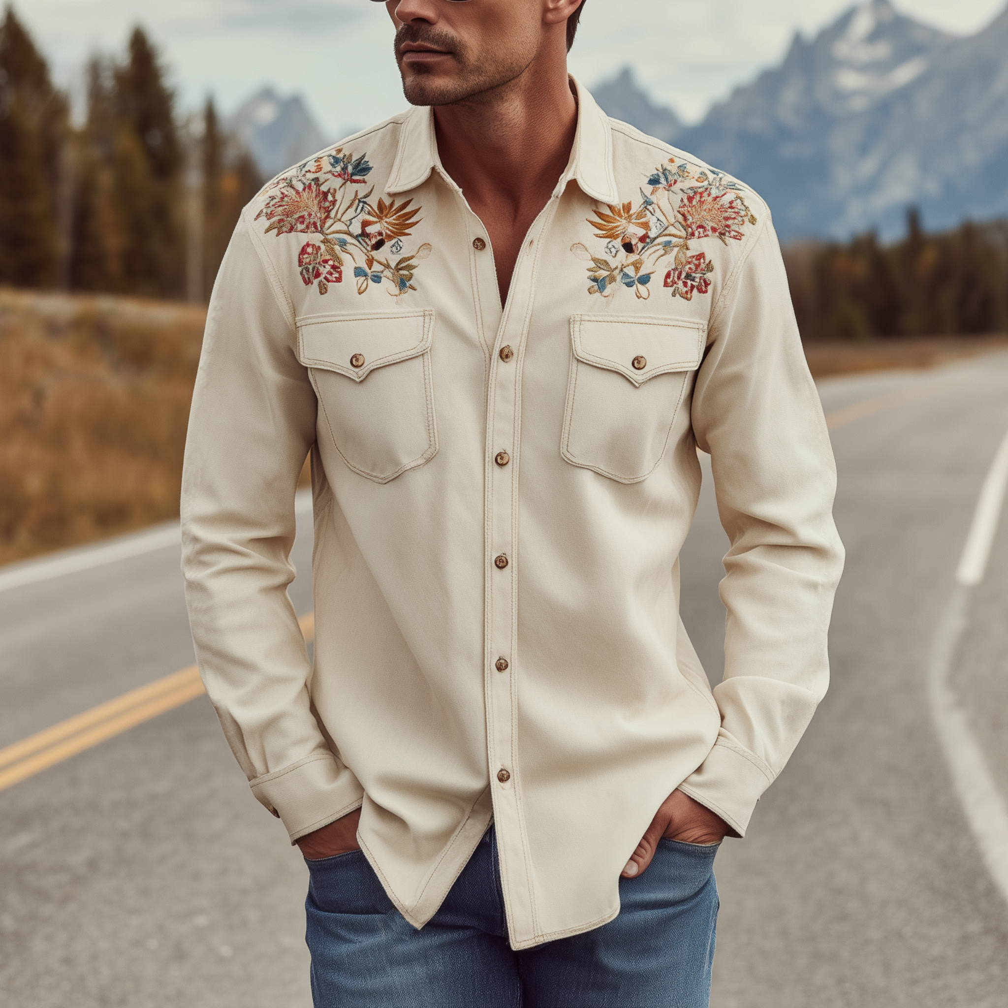 Men's Classic Retro Shoulder Embroidered Suede Slim Long Sleeve Shirt MTA2068H0K