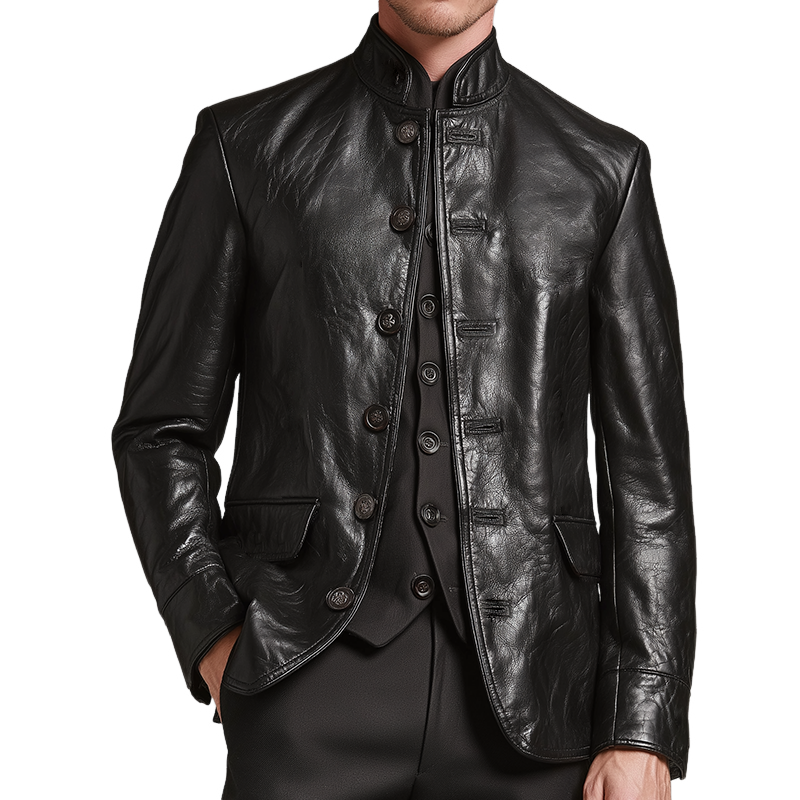 Men's Retro Casual Solid Color PU Stand Collar Leather Jacket MTA1158K8TO