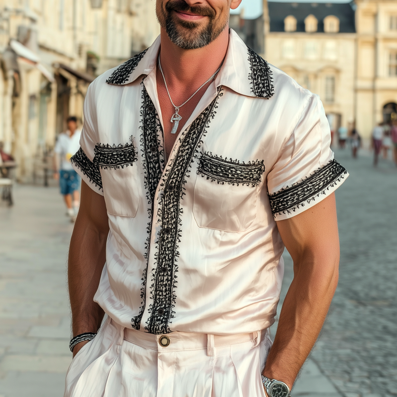 Men's Vintage Elegant Satin Lace Colorblock Patchwork Lapel Chest Pocket Slim Fit Short Sleeve Shirt MTA1570G9M
