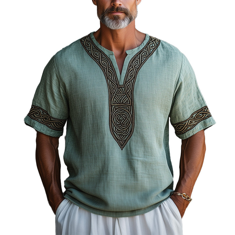 Men's Summer Retro Ethnic Style Embroidered Linen Short Sleeve T-shirt MTA2201E9P