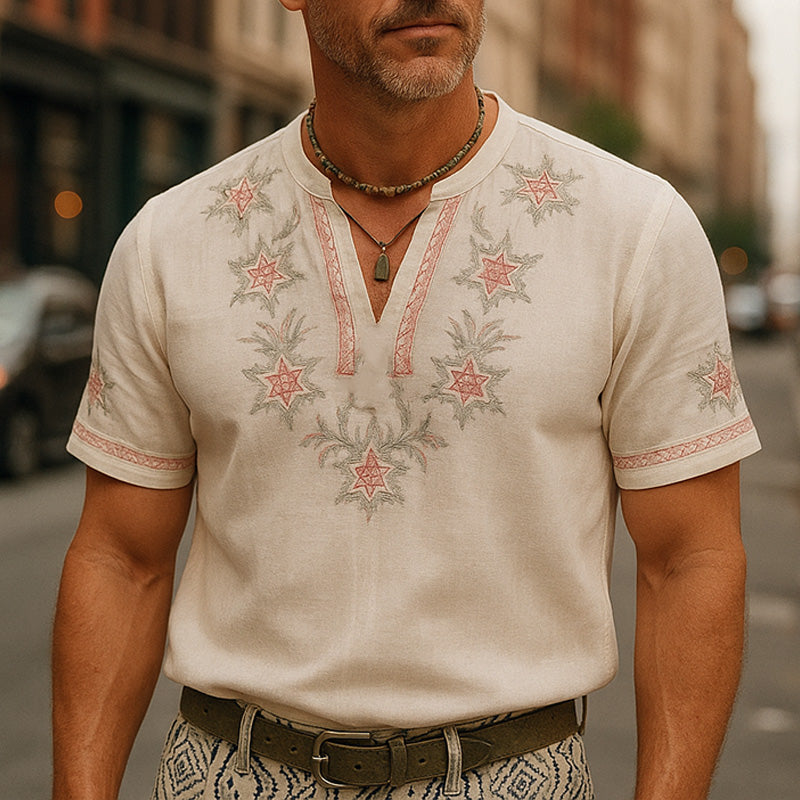 Men's Summer Breathable And Comfortable Embroidered Light Linen Short-Sleeved Shirt MTA2368E0P