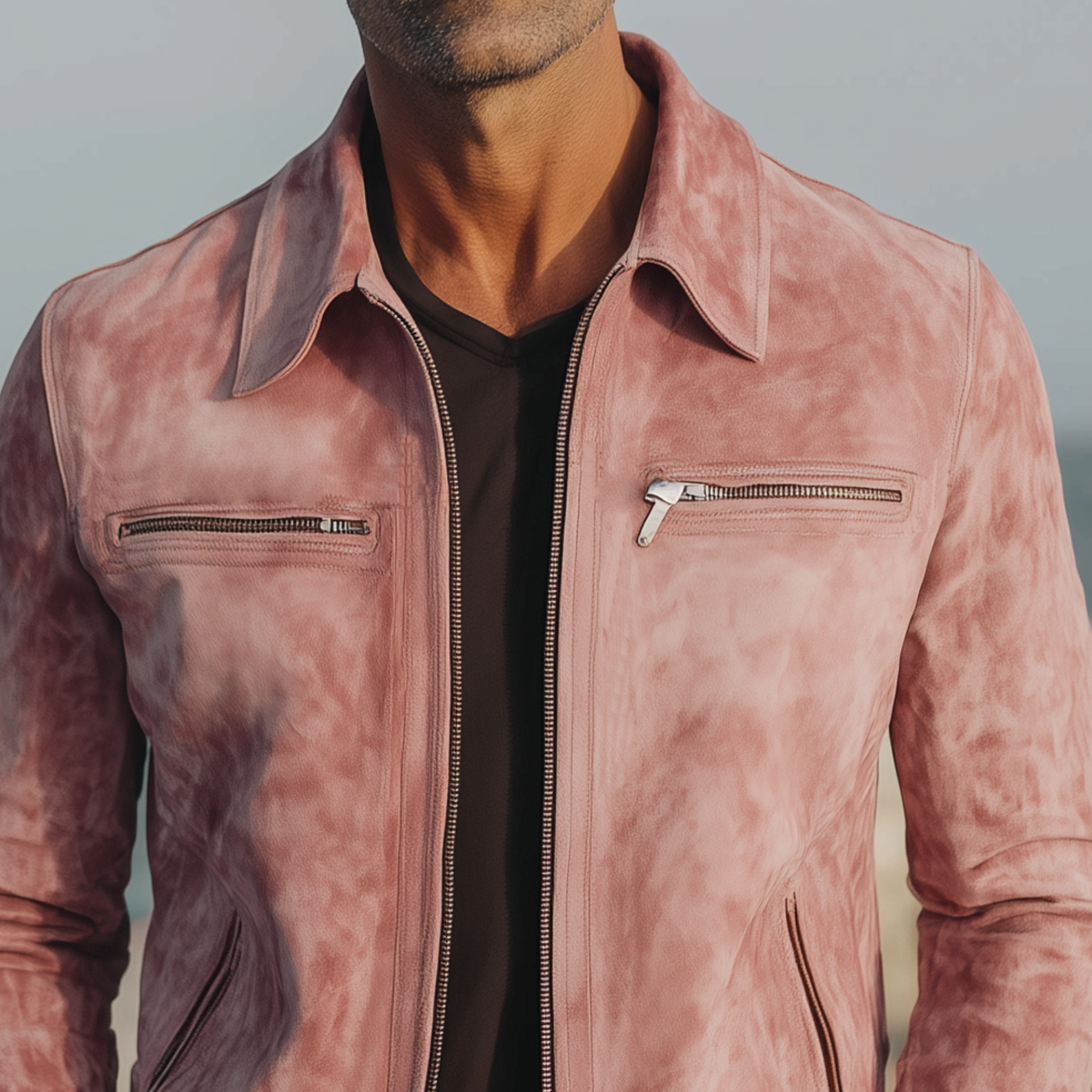 Men's Classic Casual Lapel Zipper Pink Suede Jacket MTA2026H8K