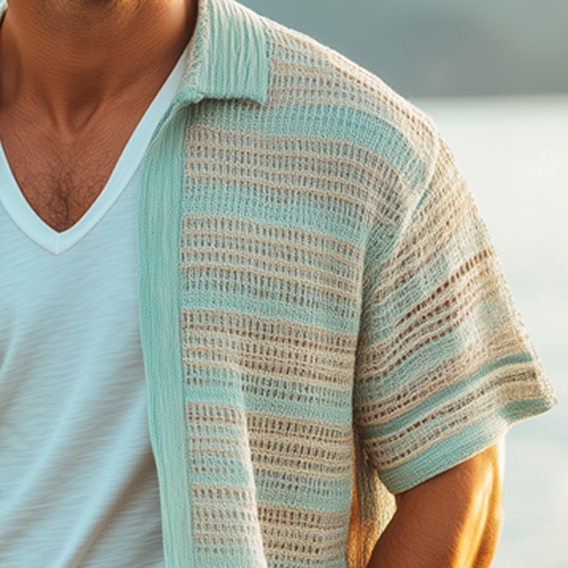 Men's Summer Fashion Colorblock Mesh Knit Short Sleeve Shirt MTA1223F3U