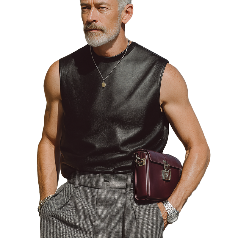 Men's Summer Fashion Leather Crew Neck Tank Top MTA2056F4P