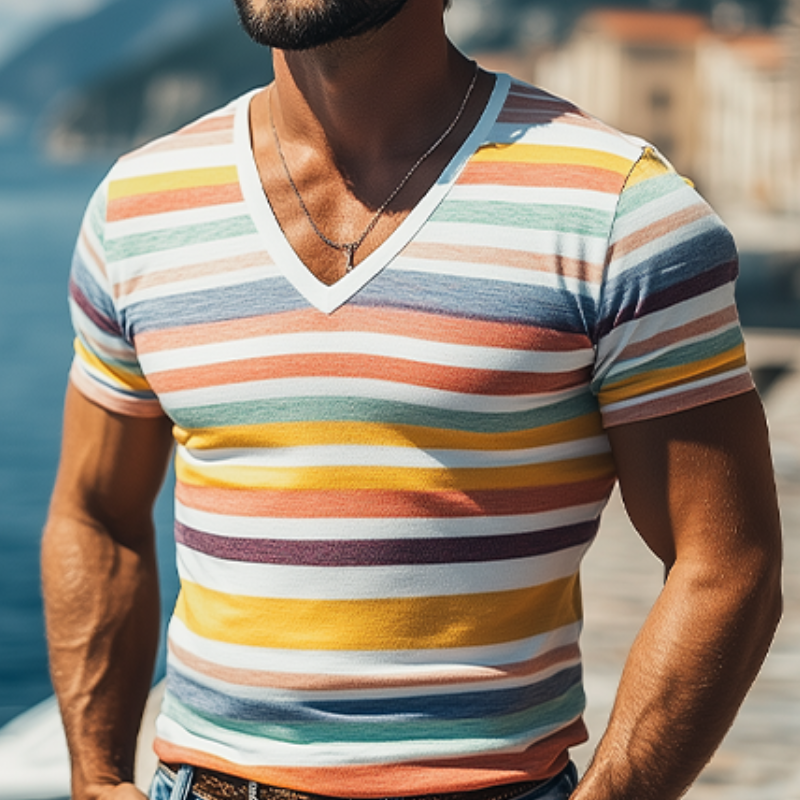 Men's Casual V-neck Cotton Contrast Striped Slim Fit Short-sleeved T-shirt 81496433K