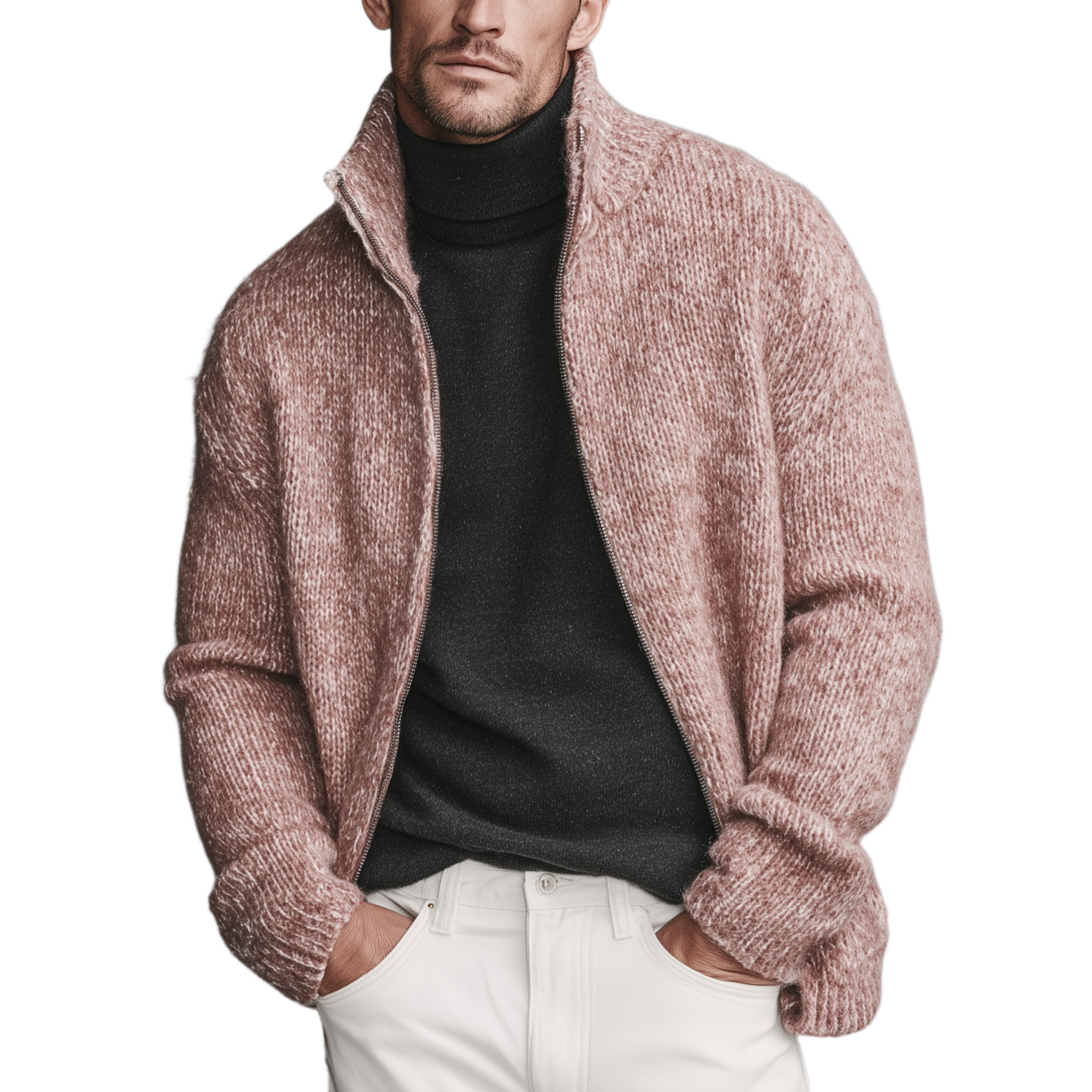Men's Classic Casual Pink Stand Collar Zipper Knitted Cardigan MTA1808I6K