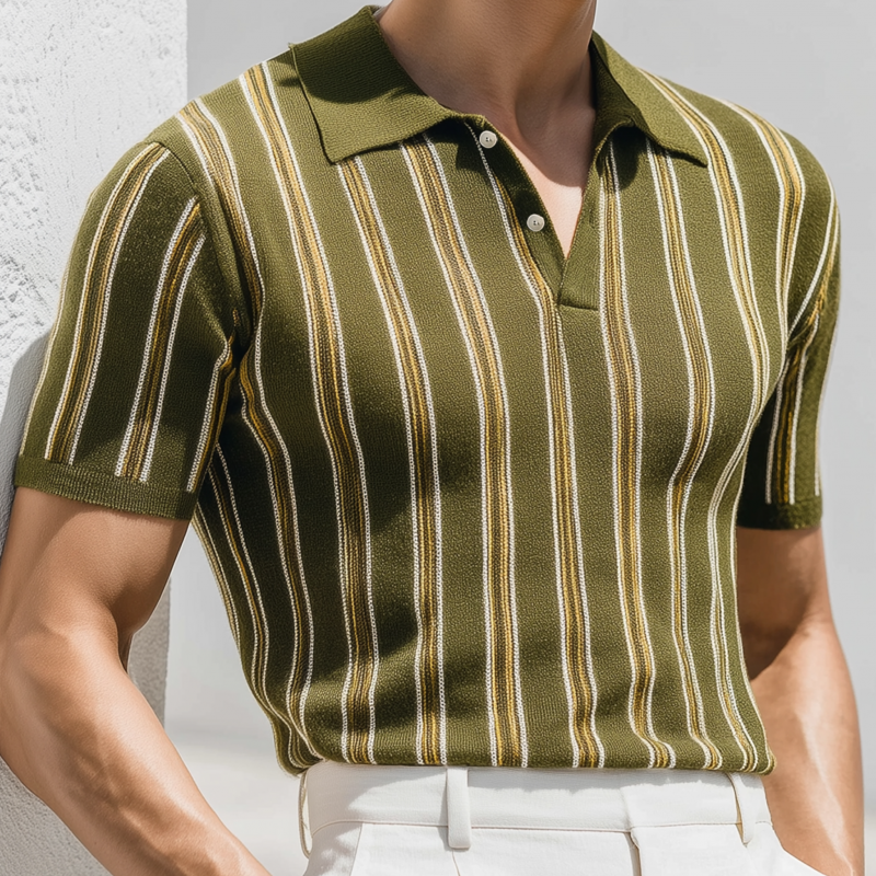 Men's Casual Breathable Contrast Striped Lapel Slim Knitted Short-sleeved Polo Shirt MTA2263G1M