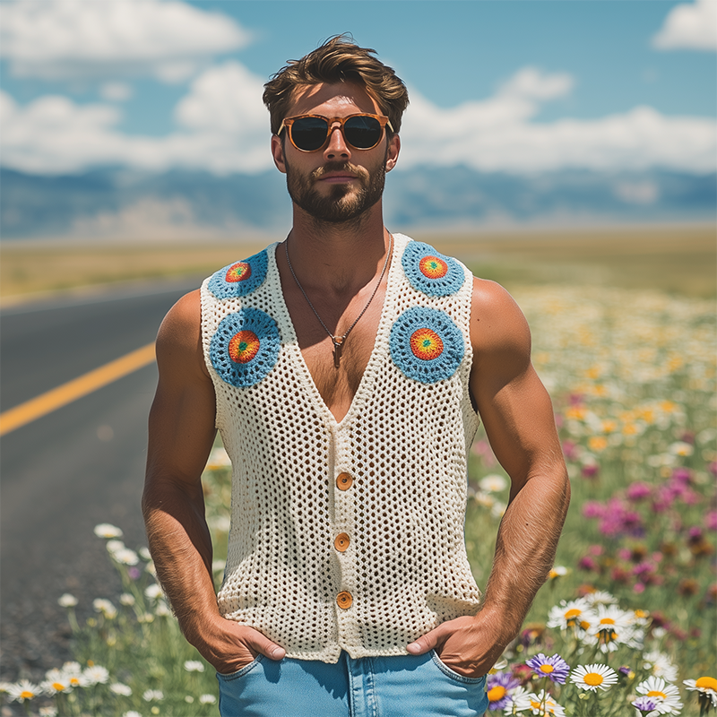 Men's Summer Fashion Casual Hollow Crochet Flower Knitted Vest MTA2726F7K