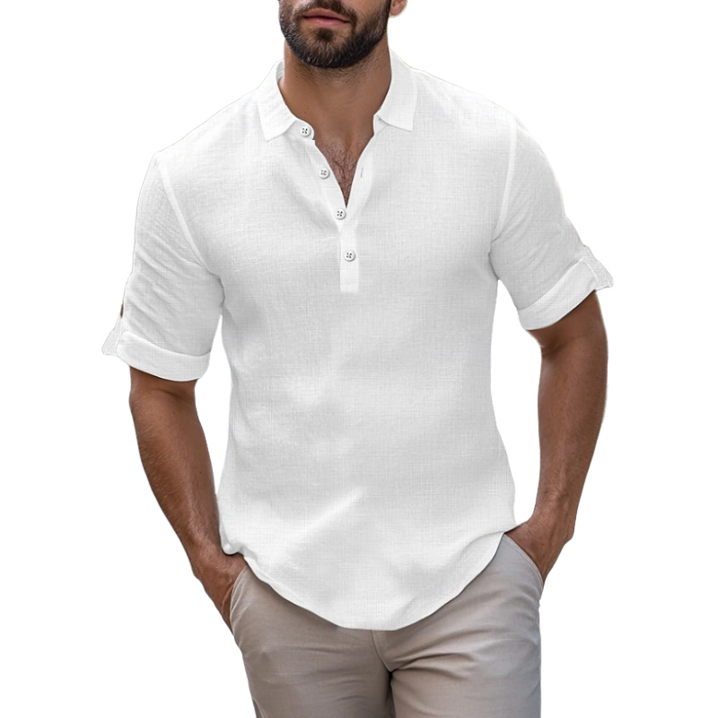 Men's Casual Cotton Linen Lapel Short-sleeved Pullover Shirt 61391167M