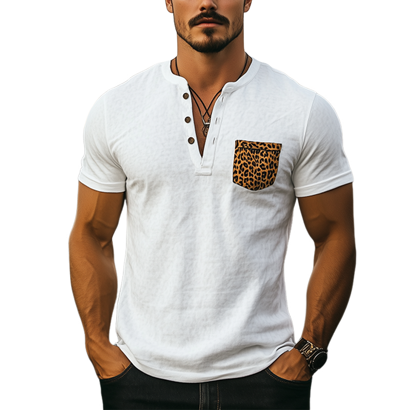 Men's Spring Summer Classic Casual Western Vintage Cotton Blend Leopard Pocket Henley Collar Short Sleeve T-Shirt MTA1058E4K