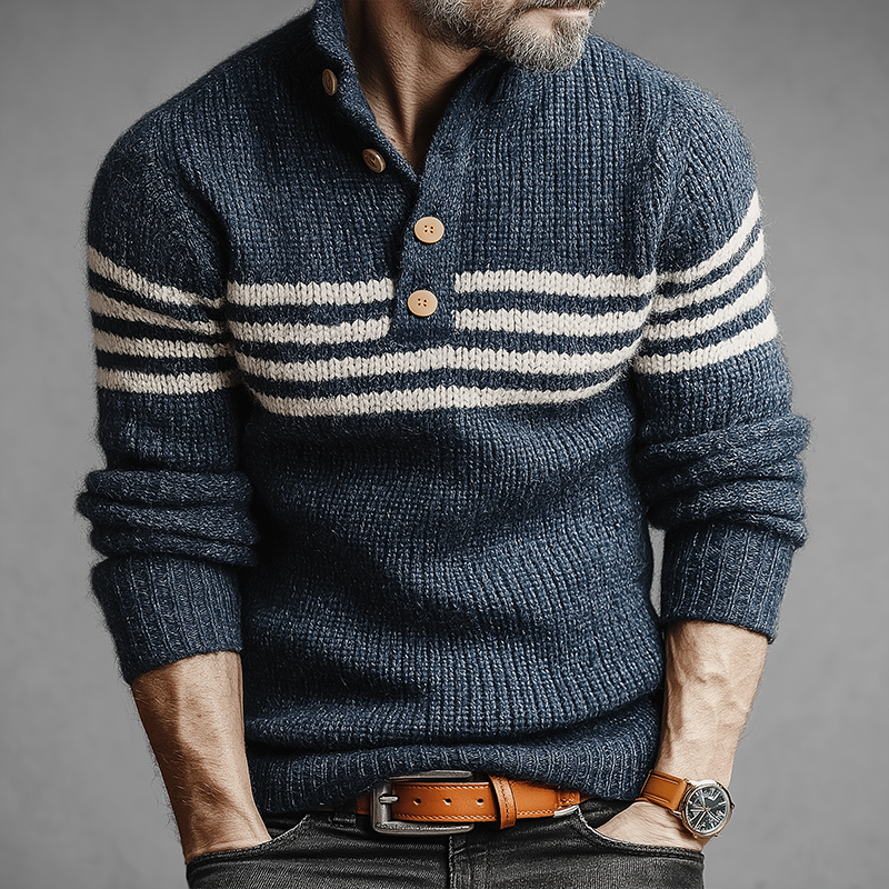 Men's Retro Casual Striped Knitted Button Stand Collar Pullover Sweater MTA1745J4TO