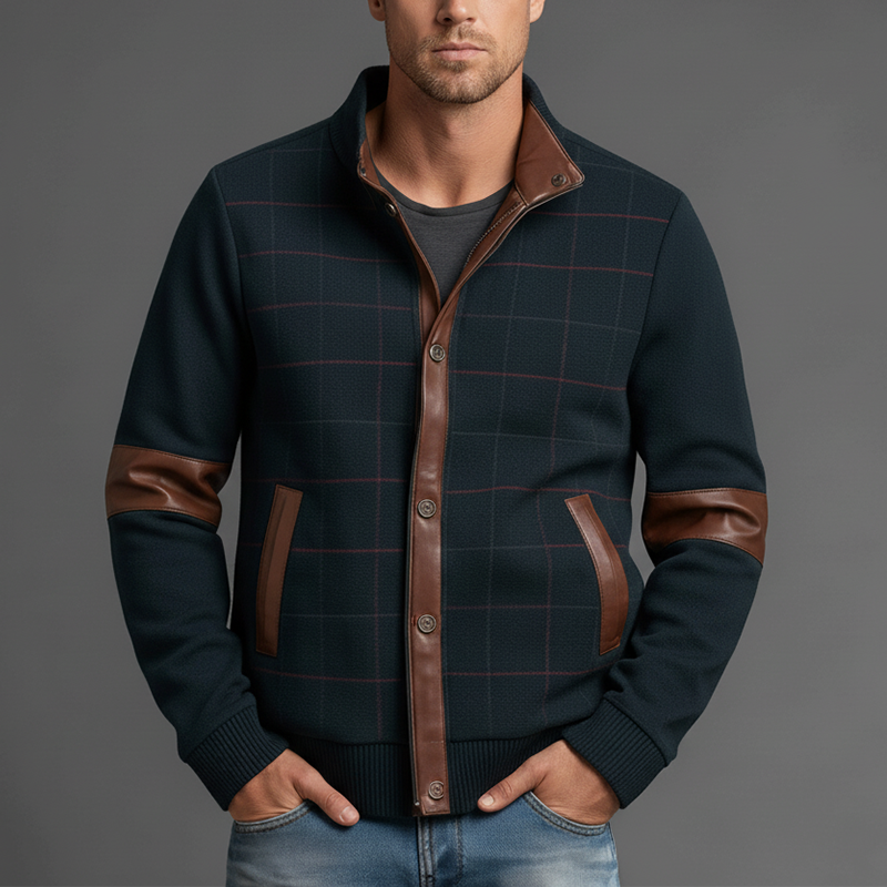 Men's Winter Retro Polar Fleece Printed PU Patch Jacket MTA2396J6P