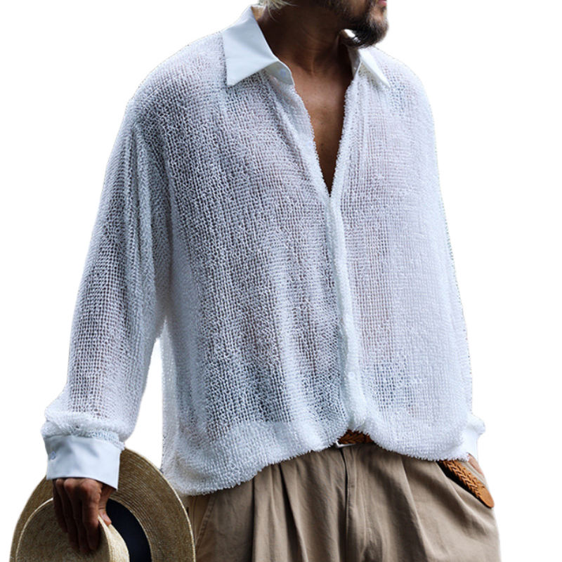 Men's Casual Breathable Hollow Mesh Patchwork Lapel Loose Long-sleeved Shirt MTA0783G5M