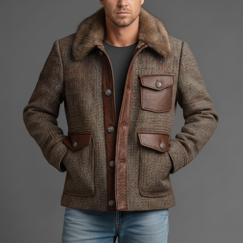 Men's Winter Retro PU Patch Faux Wool Warm Jacket MTA2328J9P