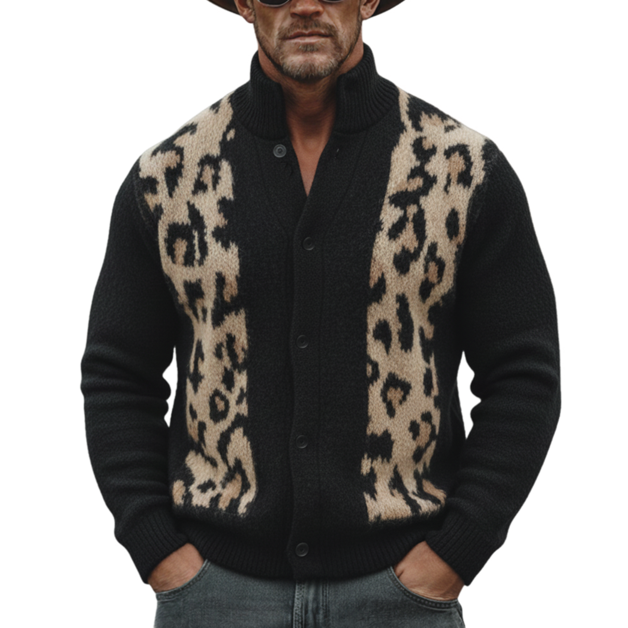 Men's Classic Vintage Stand-collar Leopard Print Knitted Cardigan MTA1186L8K