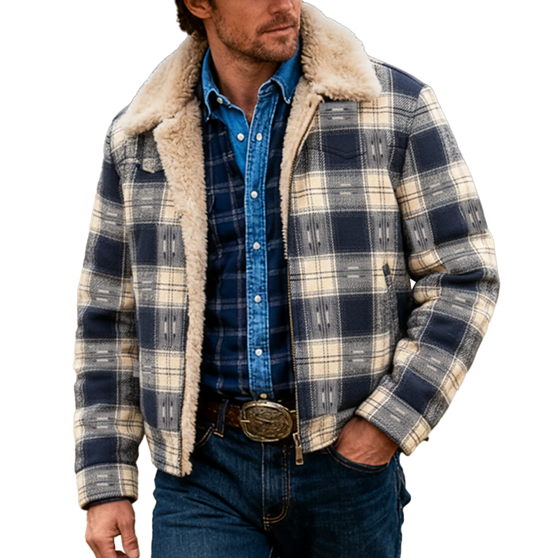 Men's Winter Retro Plaid Fleece Lined Zip-Up Jacket MTA1095K5P