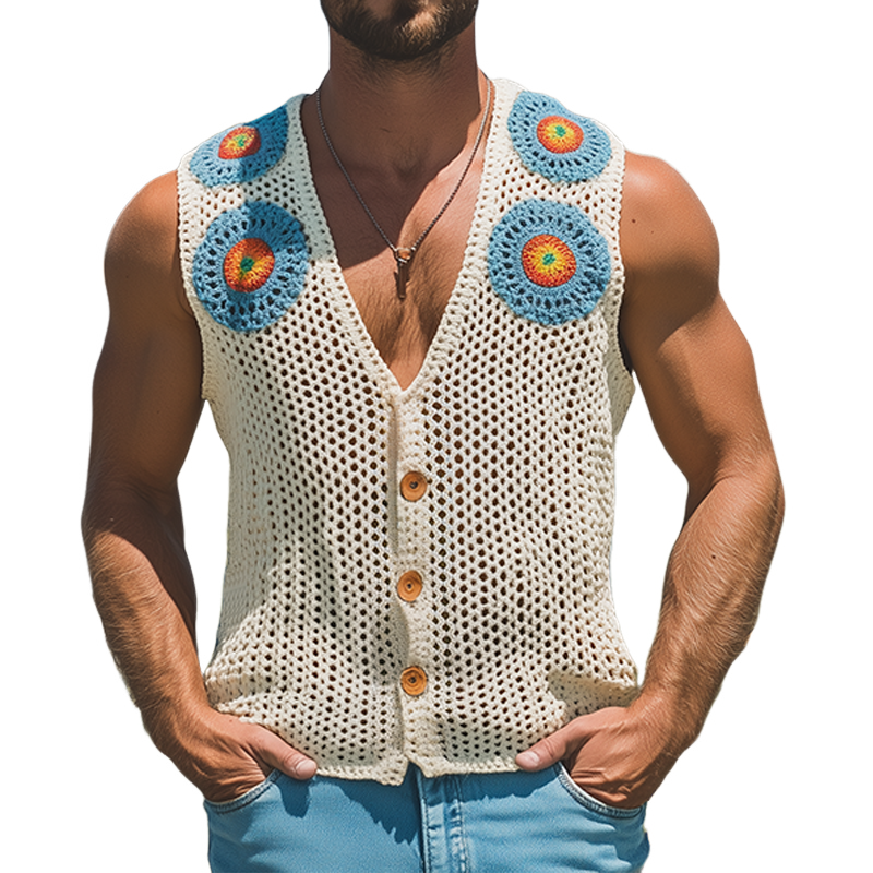 Men's Summer Fashion Casual Hollow Crochet Flower Knitted Vest MTA2726F7K