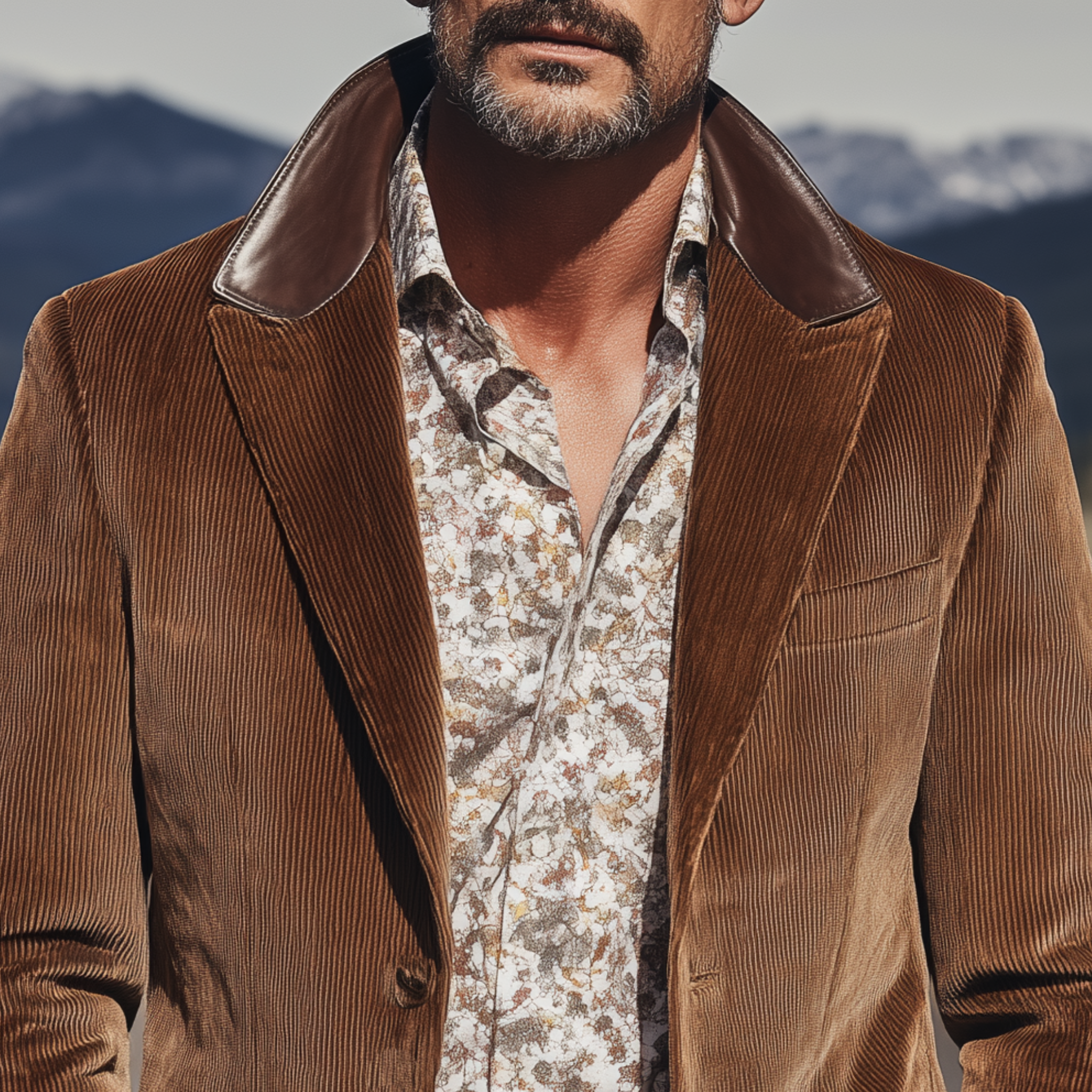 Men's Classic Retro Western Style Collar Stitching PU Leather Single-breasted Corduroy Blazer MTA1231H0K
