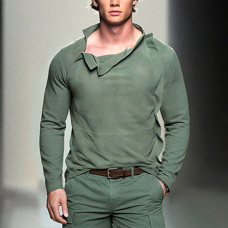 Men's Solid Color Irregular Collar Long Sleeve Washed Cotton T-shirt MTA0432H4Z