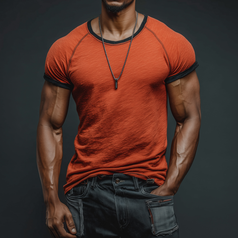 Men's Casual Breathable Skin-friendly Cotton Colorblock Round Neck Slim Short-sleeved T-shirt MTA1794G1M