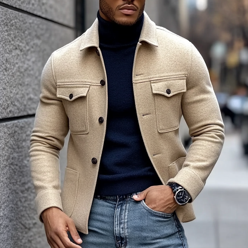 Men's Blended Solid Color Lapel Multi-pocket Jacket MTA2308I8X