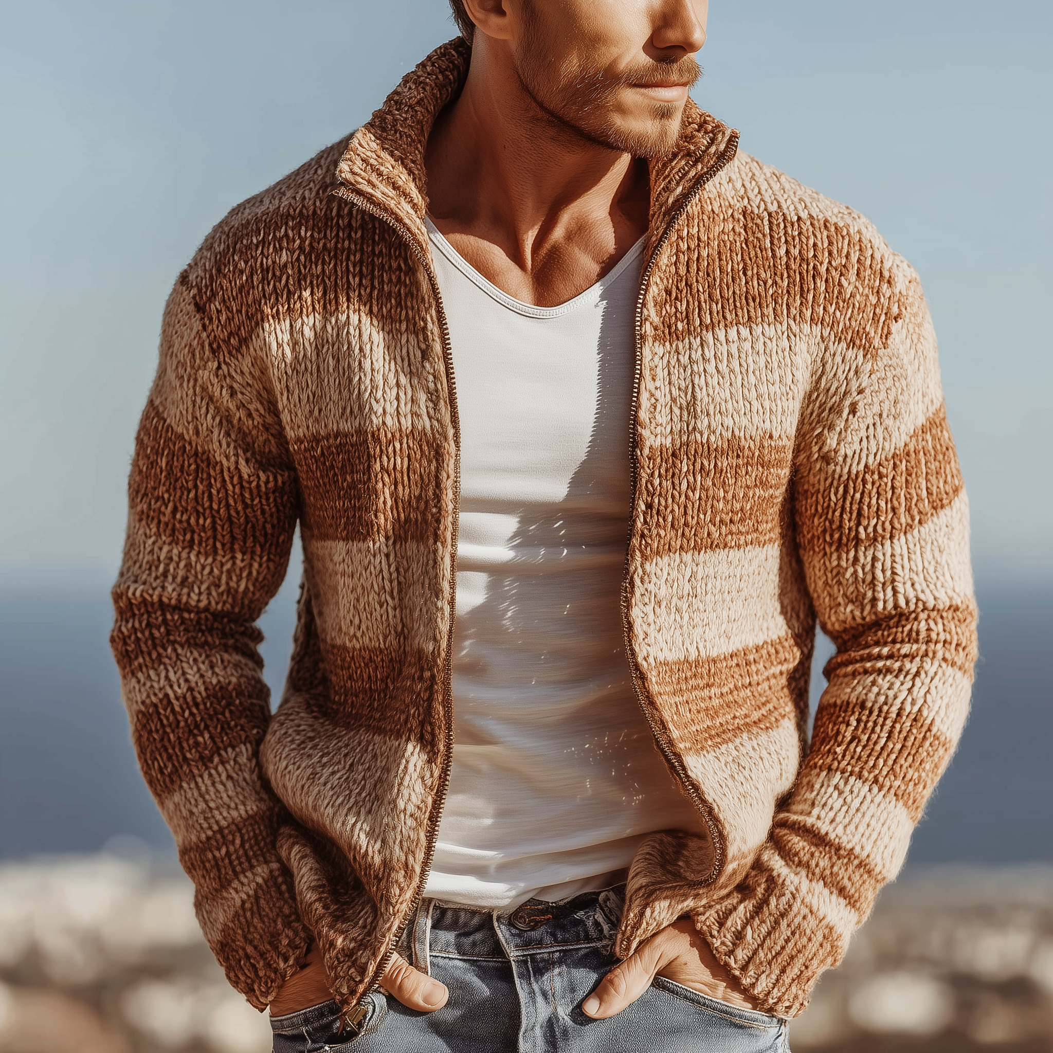 Men's Classic Casual Stand-up Collar Contrast Color Horizontal Stripes Slim Zipper Cardigan MTA2726J7K