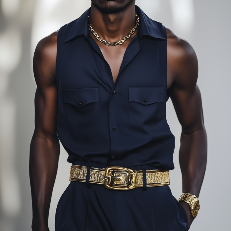 Men's Fashion Solid Color Cotton Blend Lapel Chest Pocket Loose Sleeveless Shirt MTA2451F6M