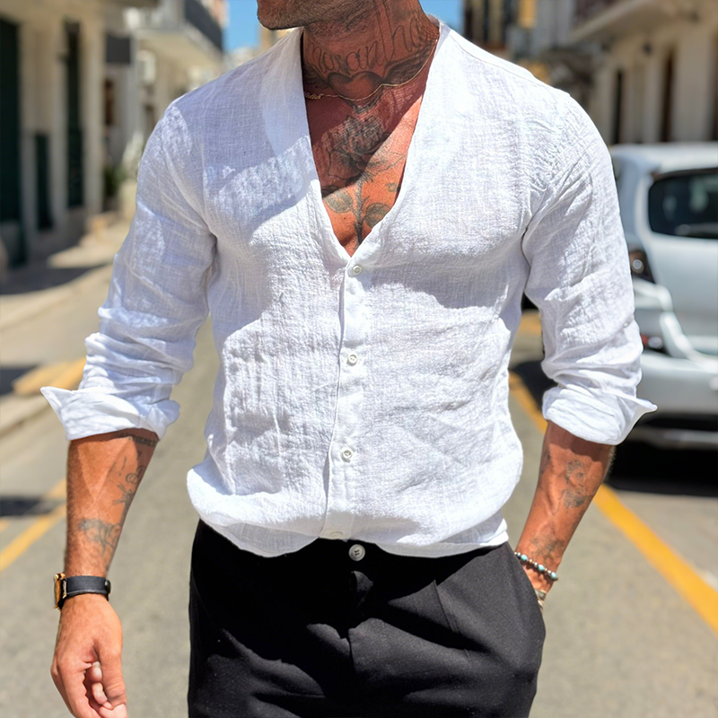 Men's Retro Casual Solid Color Linen Collarless Long Sleeve Shirt MTA2144G7TO