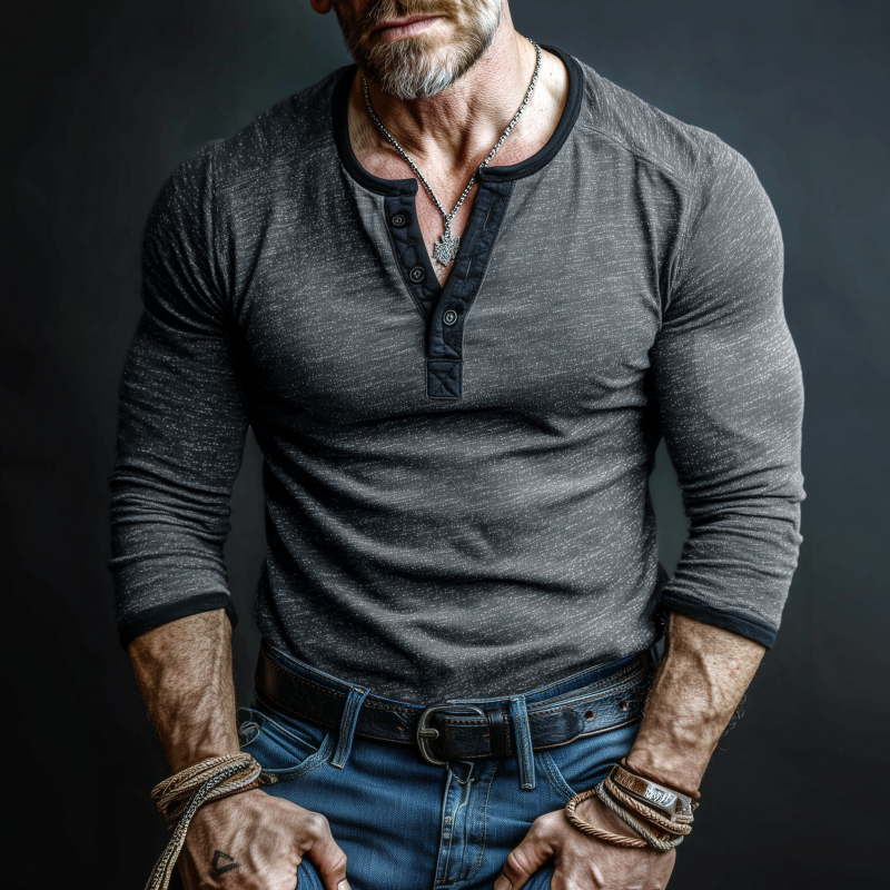 Men's Casual Cotton Contrast Color Patchwork Henry Collar Slim Fit Long Sleeve T-Shirt MTA2299G0M