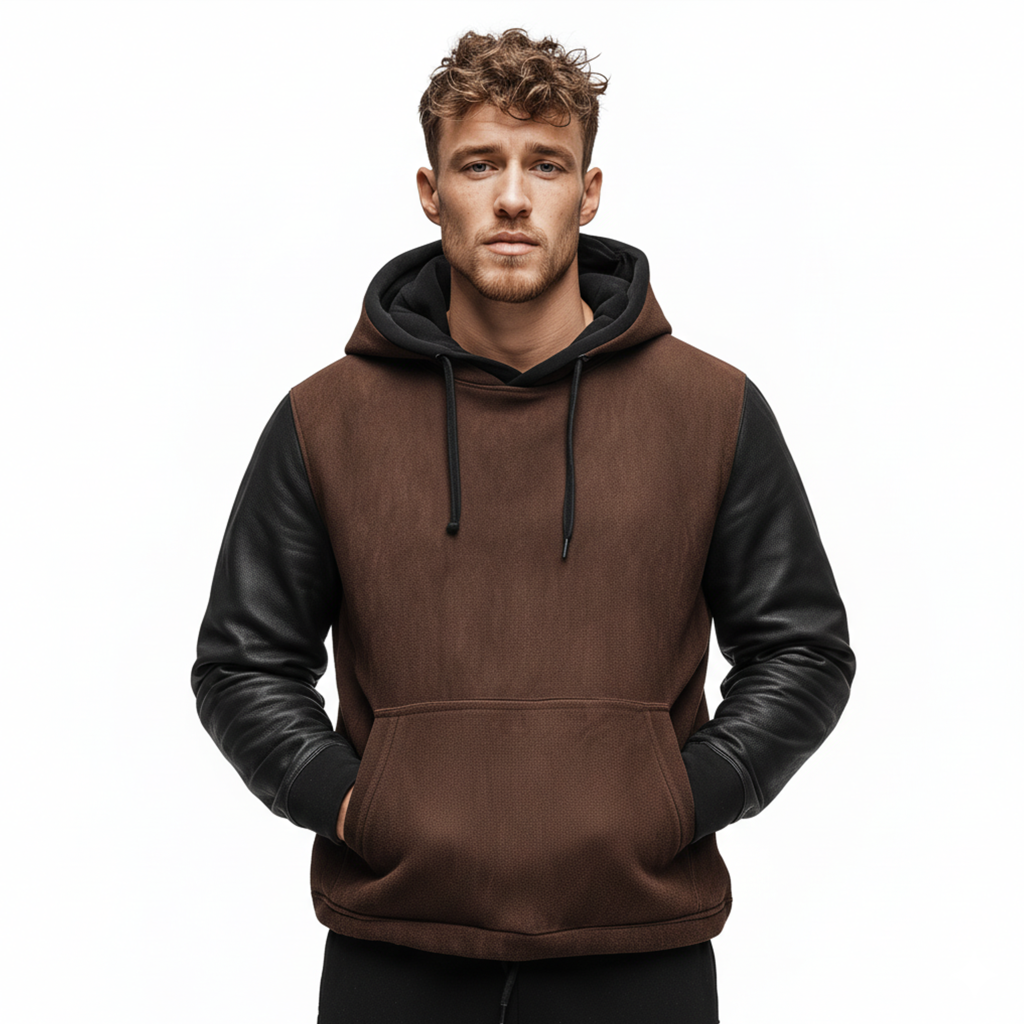 Men's Classic Casual Sleeve Stitching PU Leather Loose Faux Suede Hoodie MTA0983J5K