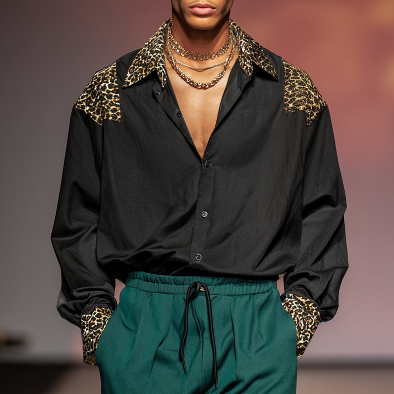 Men's Leopard Stitching Lapel Long Sleeve Shirt MTA3194G8Z