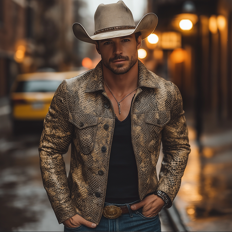 Men's Retro Casual Python Pattern Lapel PU Leather Jacket MTA1939H7TO