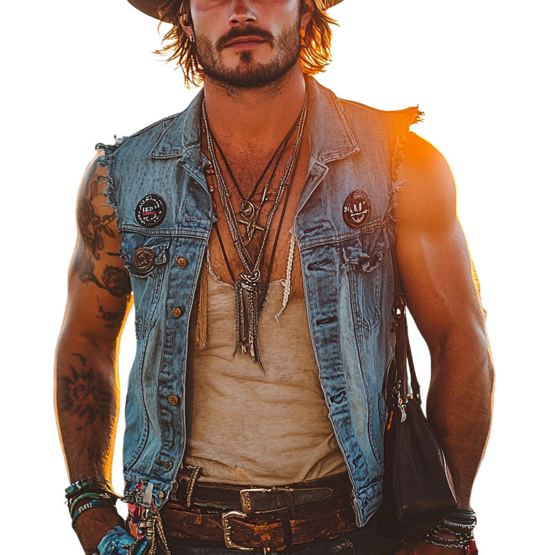 Men'S Vintage Distressed Western Cowboy Style Lapel Denim Vest MTA0984E5X