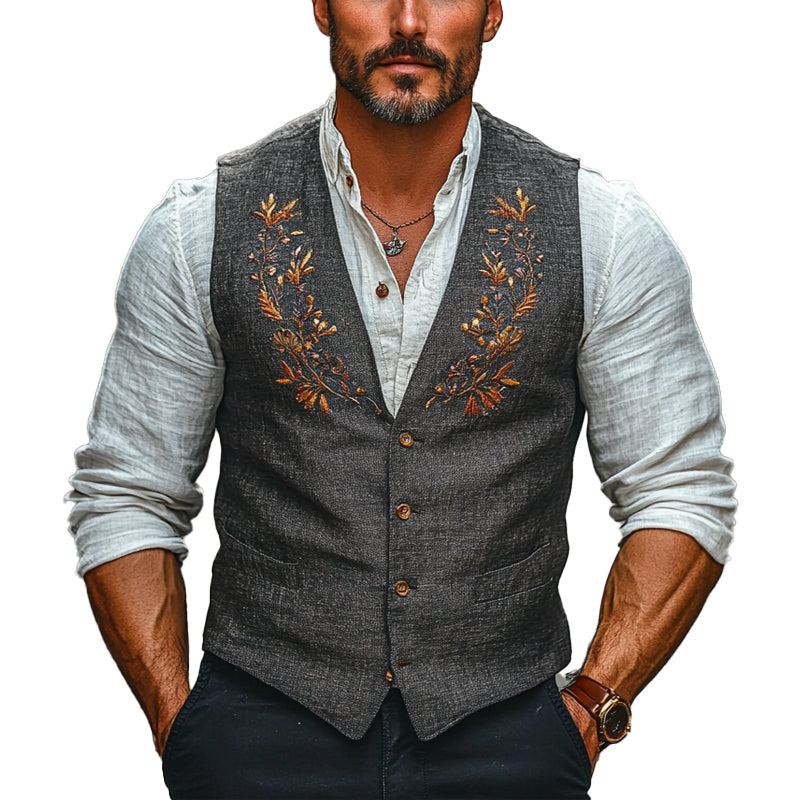 Men's Floral Embroidered V-neck Vest 73537096X