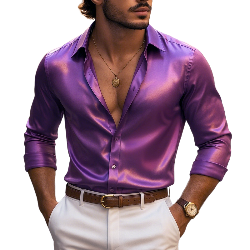 Men's Solid Glitter Satin Lapel Long Sleeve Shirt MTA2355F8Z