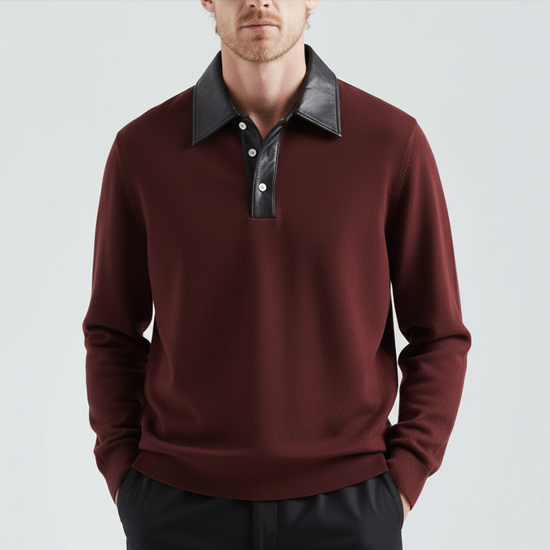 Men's Winter Retro PU Collar Knit Polo Shirt MTA2354J1P