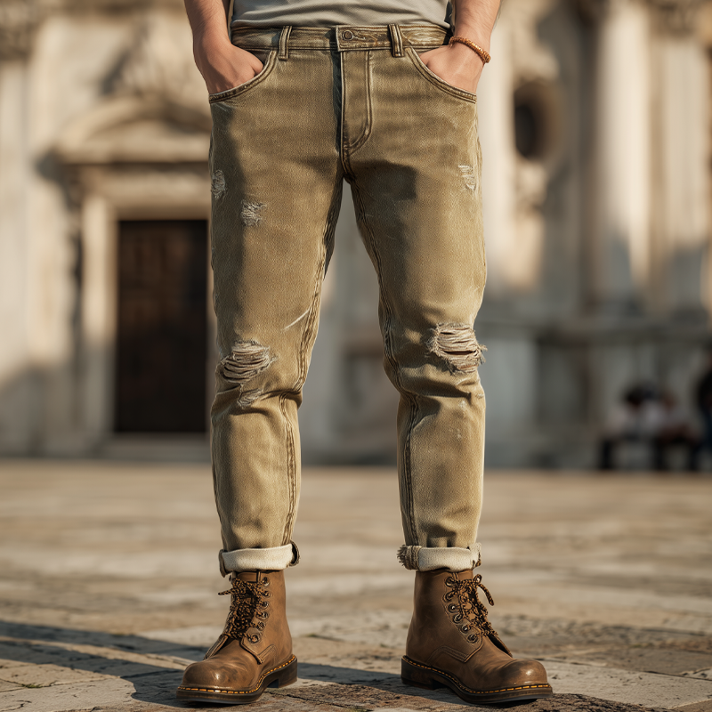 Men's Vintage Fashion Khaki Ripped Jeans MTA0968I8U