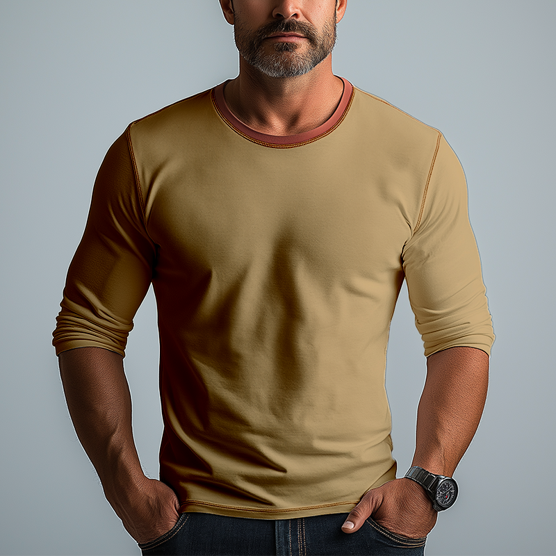 Men's Simple Contrast Color Cotton And Linen Long Sleeve T-shirt MTA3123G9P