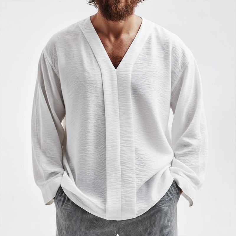 Men's Fashion Slightly Sheer Textured V-Neck Casual Long-Sleeve T-Shirt MTZ1159B7U