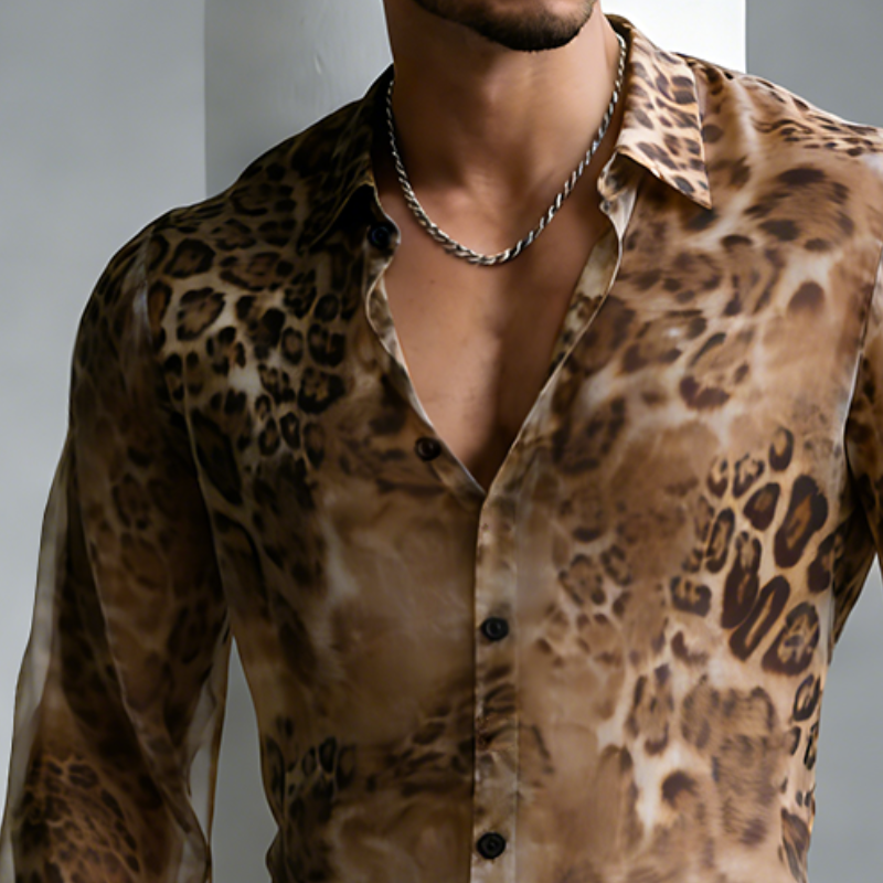 Men's Retro Casual Chiffon Leopard Print Lapel Long-Sleeve Shirt MTZ0540B1TO