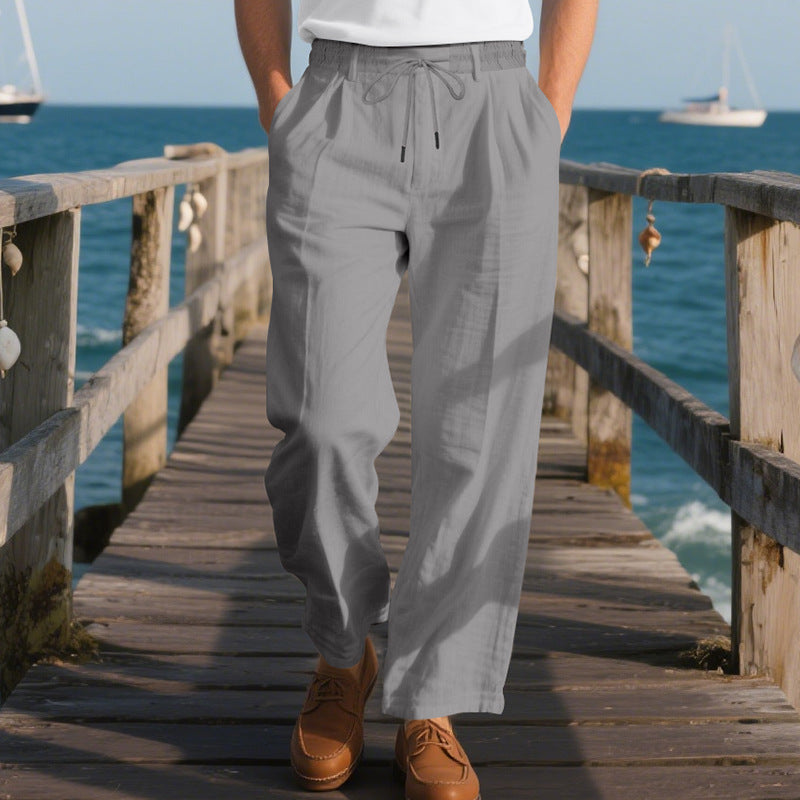 Men's Solid Color Cotton And Linen Holiday Elastic Waist Casual Pants MTA1606E9X