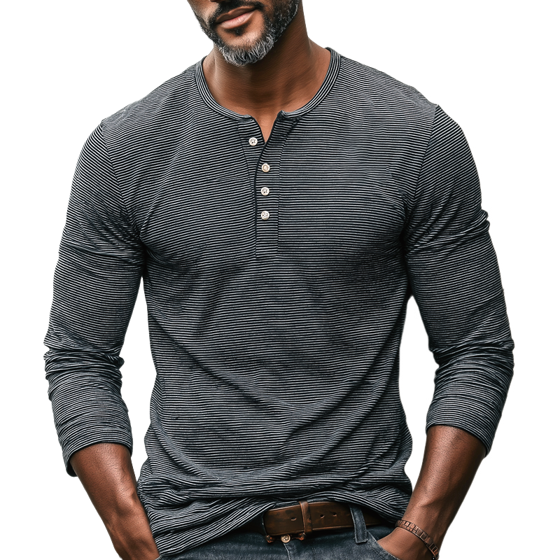 Men's Striped Henley Collar Long Sleeve T-shirt MTA2012H9Z