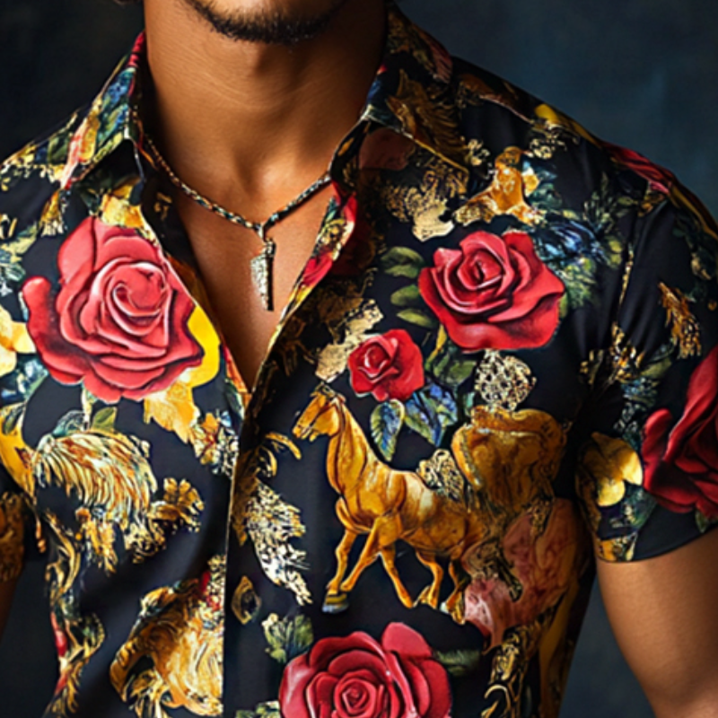 Men's Retro Western Cowboy Style Luxury Rose Print Satin Lapel Short Sleeve Shirt MTA0654E3TO