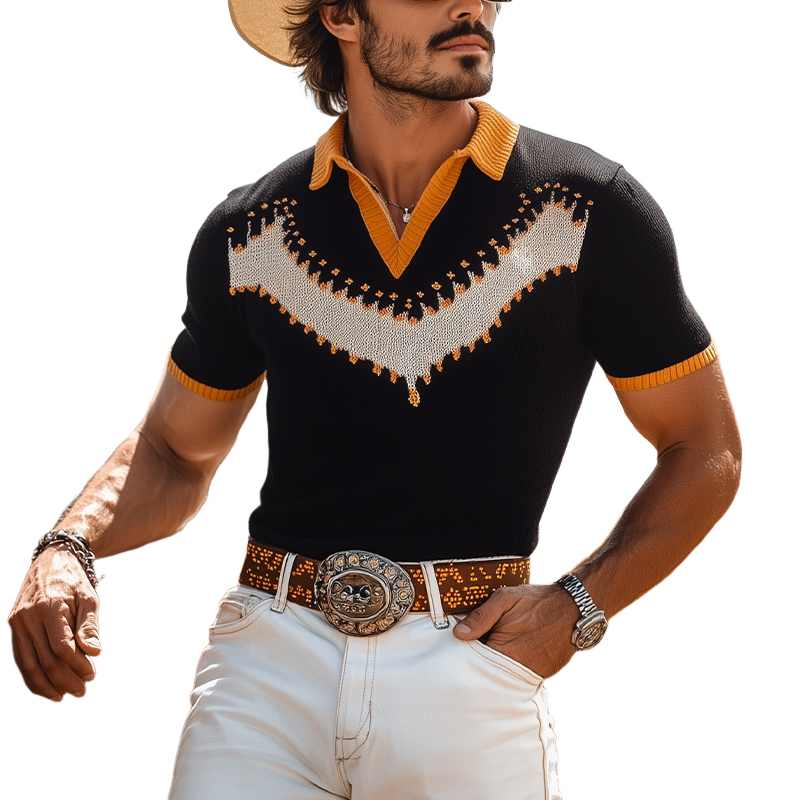 Men's Spring And Summer Fashion Casual Western Cowboy Style Thin Knitted Short-sleeved Polo Shirt MTA1550E1K