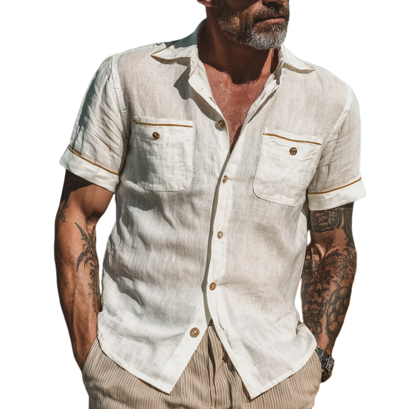 Men's Cotton Multi-Pocket Solid Color Short Sleeve Shirt MTA0309G5X