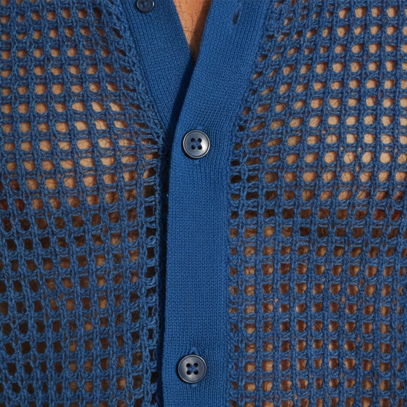 Men's Spring Fashion Cotton Yarn Knitted Lapel Hollow Long Sleeve Shirt MTZ0674B3P