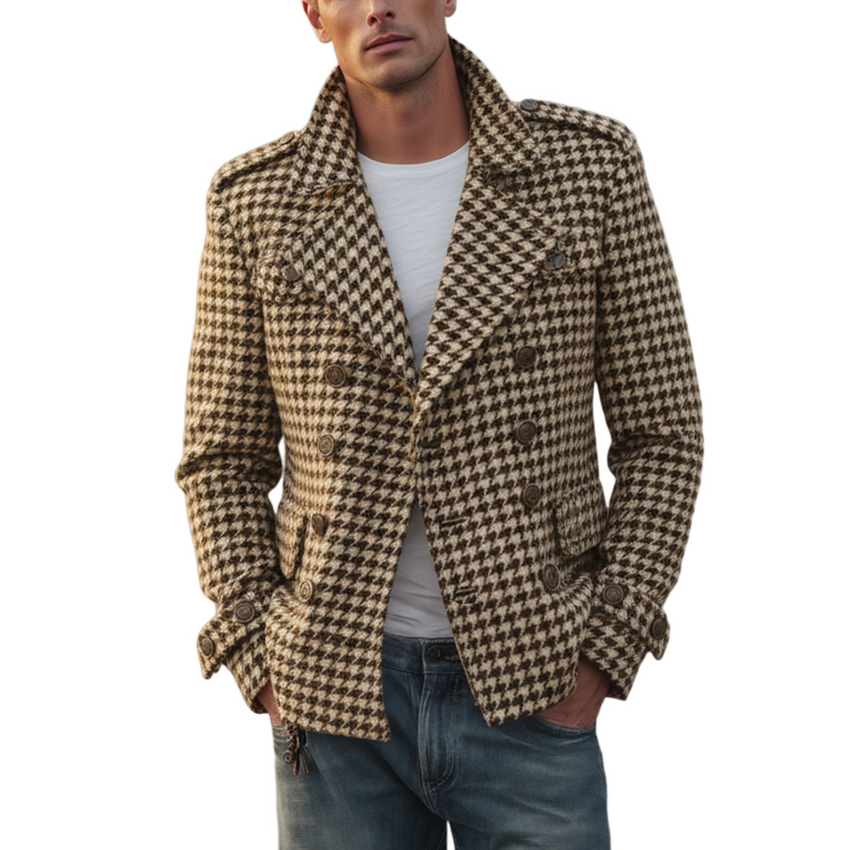 Men's Classic Retro Lapel Houndstooth Wool Double-breasted Jacket MTA1